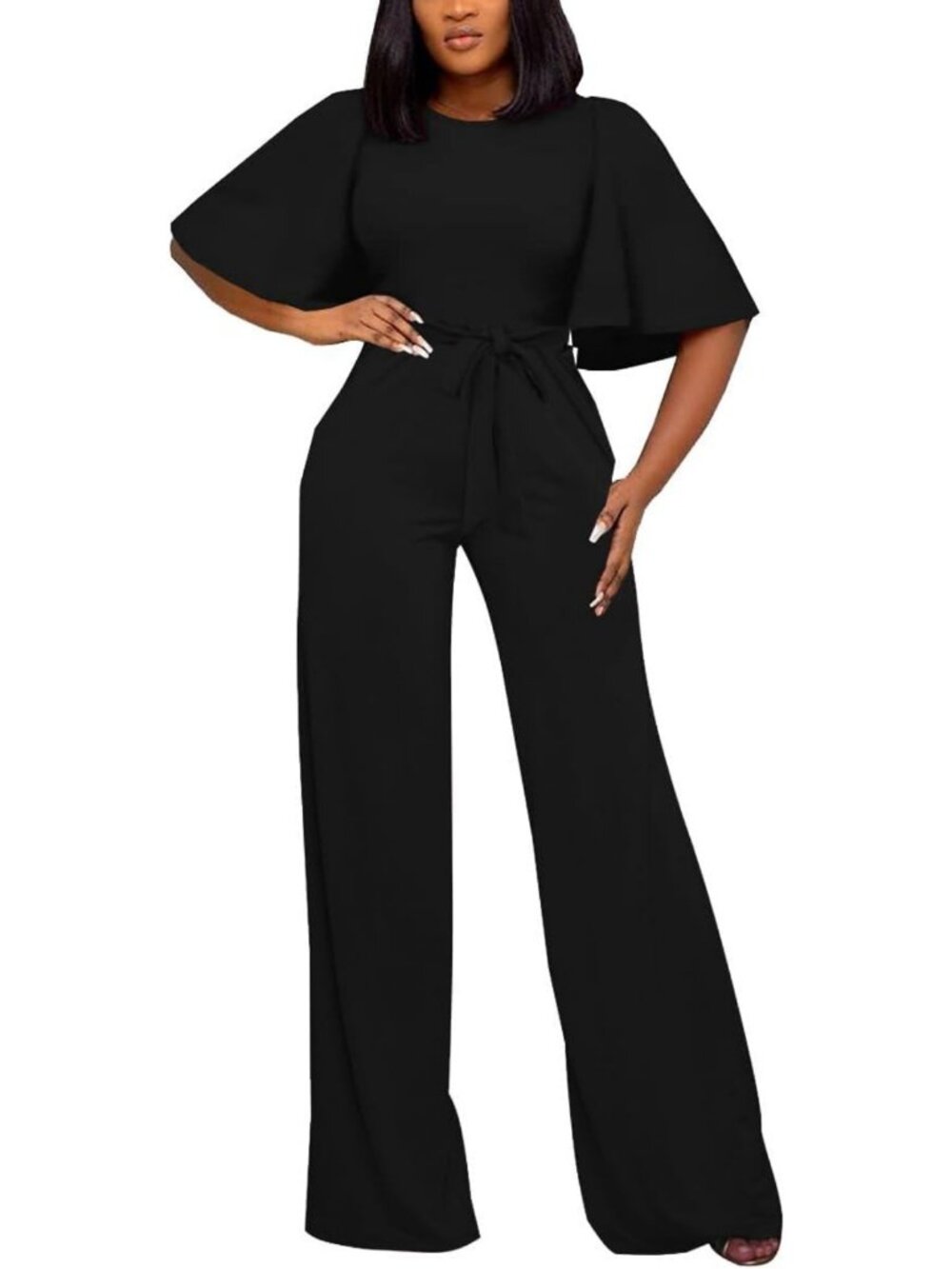 Chic Women's Loose Short Sleeve Belted Wide Leg Jumpsuit - Casual Business